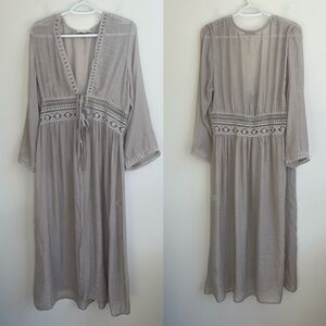 Rebellion Again Taupe Boho Bohemian Beige Embroidered Lace Kimono Duster